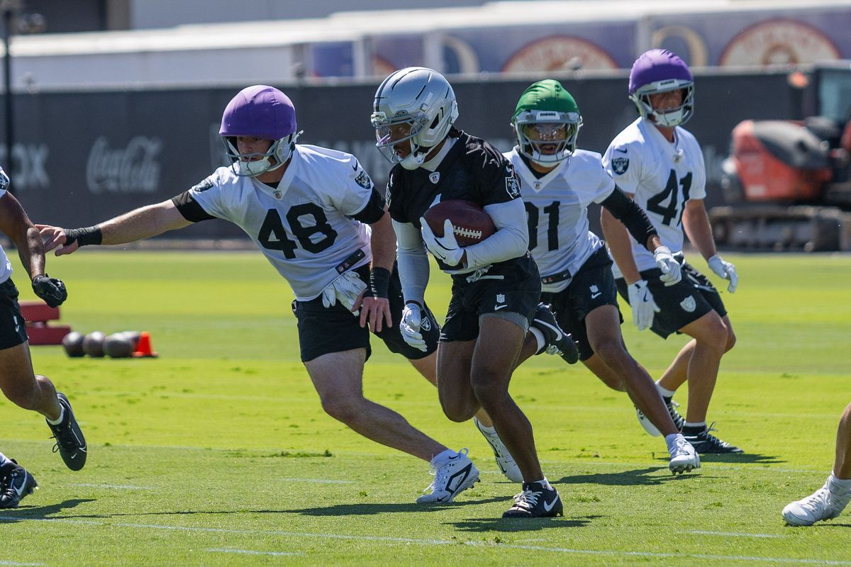 Las Vegas Raiders wide receiver Tre Tucker (1) runs with the ball in a punt return drill during Raiders OTAs at Intermountain Health Performance Center, Wednesday May 20, 2026 in Henderson, Nev. Las Vegas Raiders wide receiver Tre Tucker (1) runs with the ball in a punt return drill during Raiders OTAs at Intermountain Health Performance Center, Wednesday May 20, 2026 in Henderson, Nev.