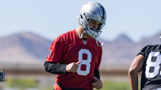 Las Vegas Raiders quarterback Kirk Cousins (8) walks onto the field during Raiders OTAs at Intermountain Health Performance Center, Thursday May 28, 2026 in Henderson, Nev.