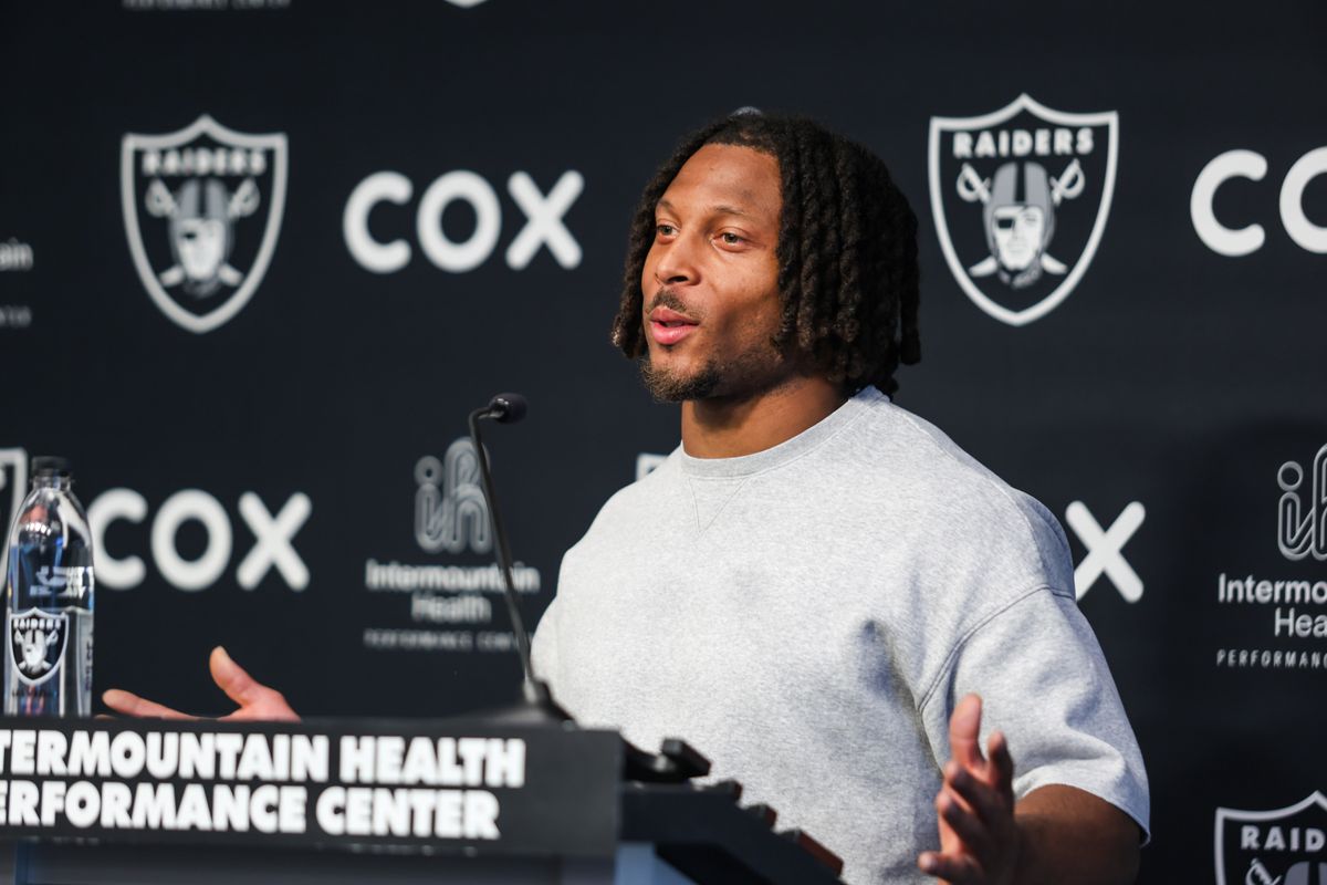 Las Vegas Raiders wide receiver Tre Tucker (1) speaks to the media after Raiders OTAs at Intermountain Health Performance Center, Thursday May 28, 2026 in Henderson, Nev. Las Vegas Raiders wide receiver Tre Tucker (1) speaks to the media after Raiders OTAs at Intermountain Health Performance Center, Thursday May 28, 2026 in Henderson, Nev.