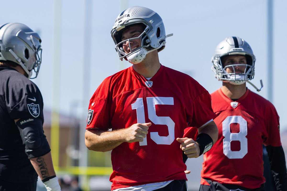 Las Vegas Raiders quarterback Fernando Mendoza (15) smiles while running onto the field during Raiders OTAs at Intermountain Health Performance Center, Thursday May 28, 2026 in Henderson, Nev. Las Vegas Raiders quarterback Fernando Mendoza (15) smiles while running onto the field during Raiders OTAs at Intermountain Health Performance Center, Thursday May 28, 2026 in Henderson, Nev.