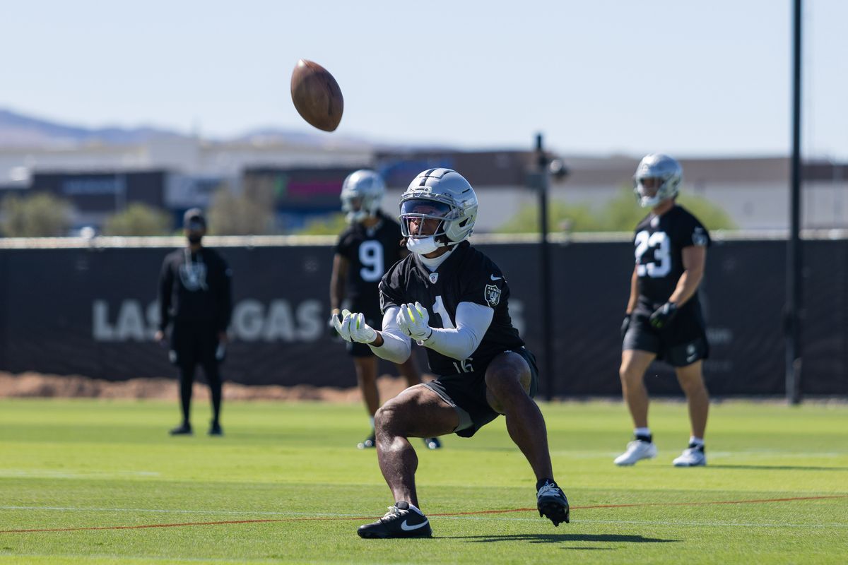 Las Vegas Raiders wide receiver Tre Tucker (1) receives a punt during Raiders OTAs at Intermountain Health Performance Center, Thursday May 28, 2026 in Henderson, Nev. Las Vegas Raiders wide receiver Tre Tucker (1) receives a punt during Raiders OTAs at Intermountain Health Performance Center, Thursday May 28, 2026 in Henderson, Nev.