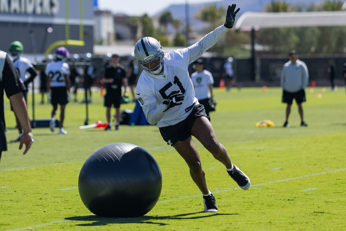 Las Vegas Raiders linebacker Malcom Koonce (51) participates in a drill during Raiders OTAs at Intermountain Health Performance Center, Thursday May 28, 2026 in Henderson, Nev. Las Vegas Raiders linebacker Malcom Koonce (51) participates in a drill during Raiders OTAs at Intermountain Health Performance Center, Thursday May 28, 2026 in Henderson, Nev.