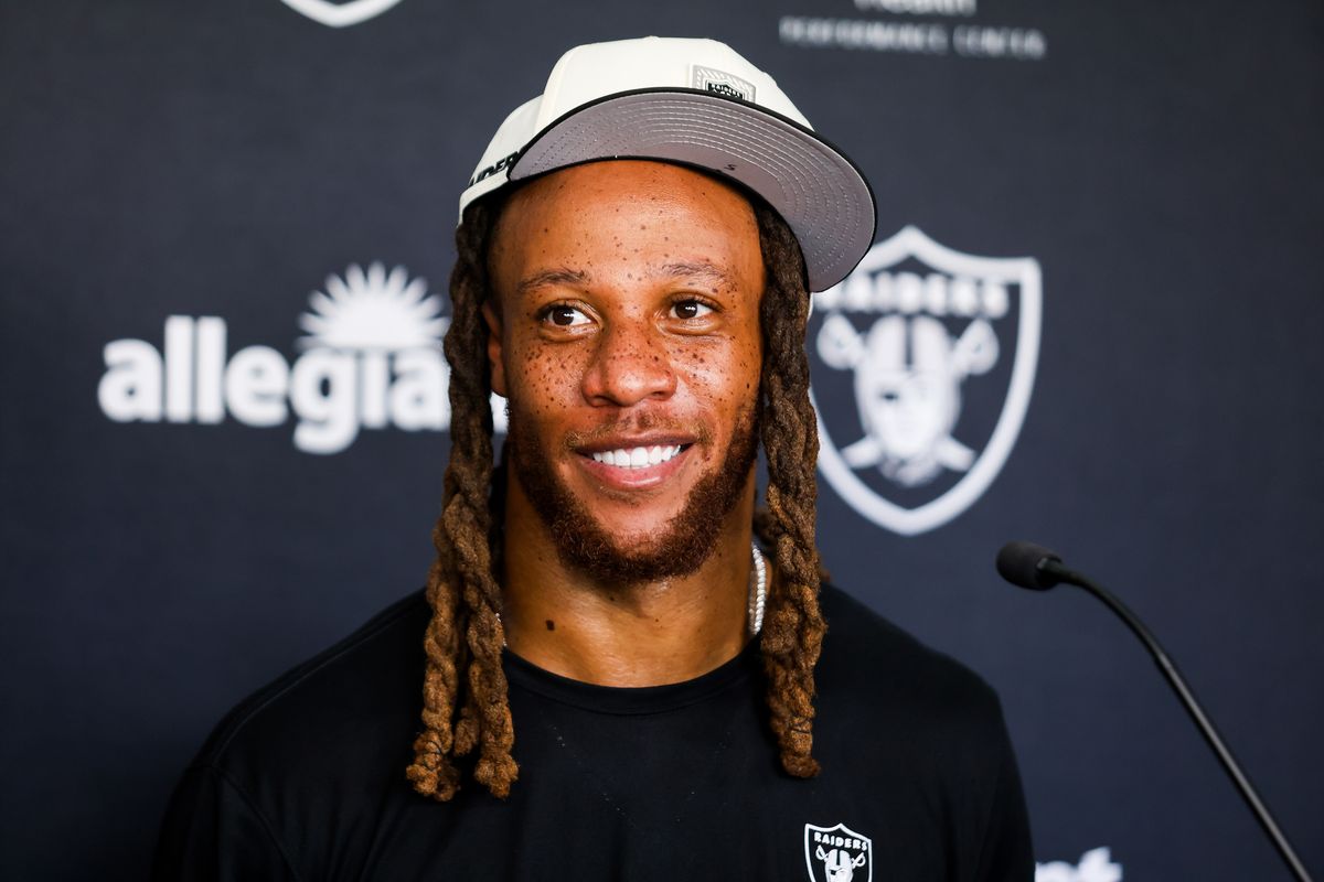 Las Vegas Raiders cornerback Eric Stokes (5) speaks to media after Raiders Training Camp at Intermountain Health Performance Center, Thursday July 30, 2026 in Henderson, Nev. Las Vegas Raiders cornerback Eric Stokes (5) speaks to media after Raiders Training Camp at Intermountain Health Performance Center, Thursday July 30, 2026 in Henderson, Nev.
