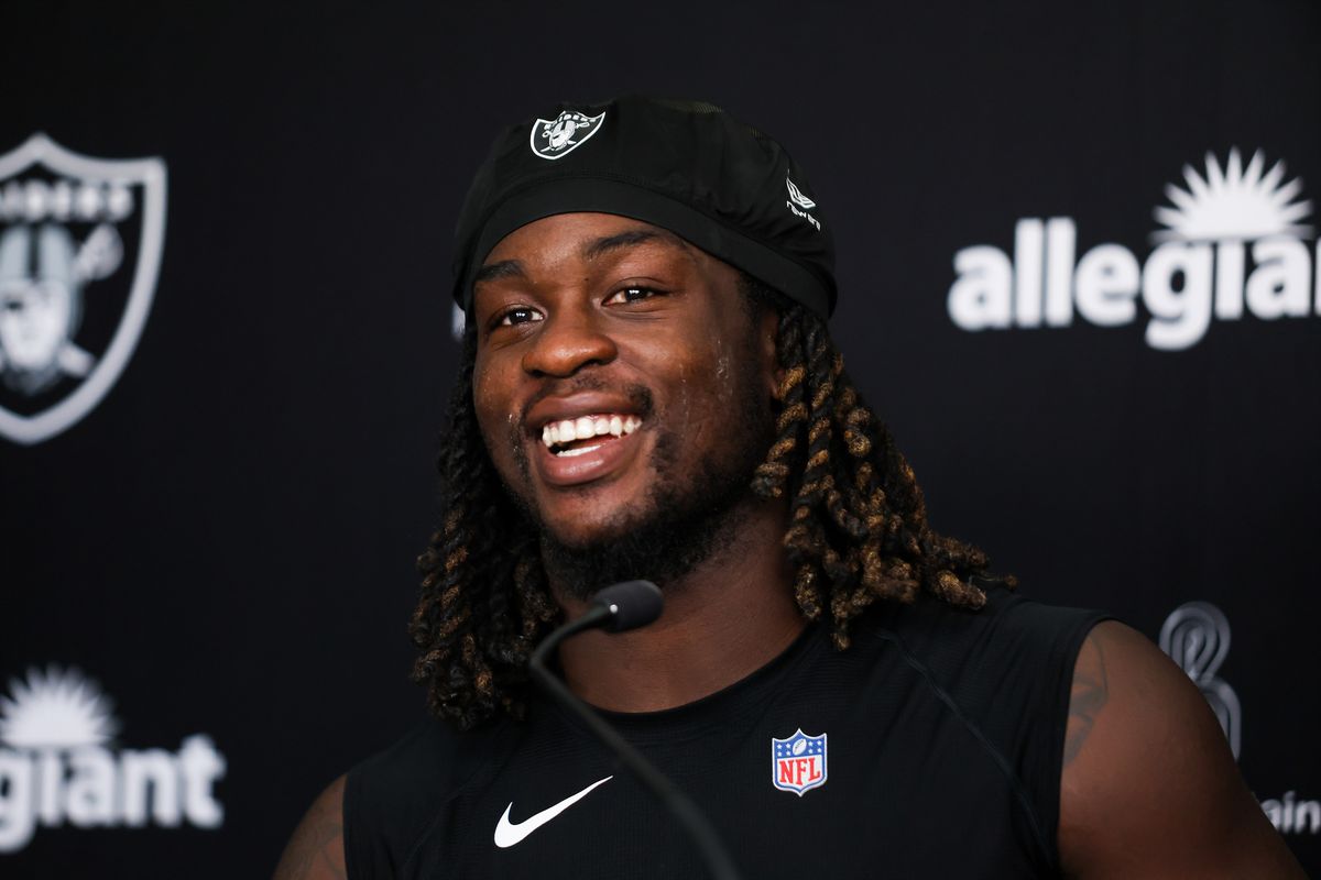 Las Vegas Raiders running back Ashton Jeanty (2) speaks to the media after Raiders Training Camp at Intermountain Health Performance Center, Thursday July 30, 2026 in Henderson, Nev. Las Vegas Raiders running back Ashton Jeanty (2) speaks to the media after Raiders Training Camp at Intermountain Health Performance Center, Thursday July 30, 2026 in Henderson, Nev.