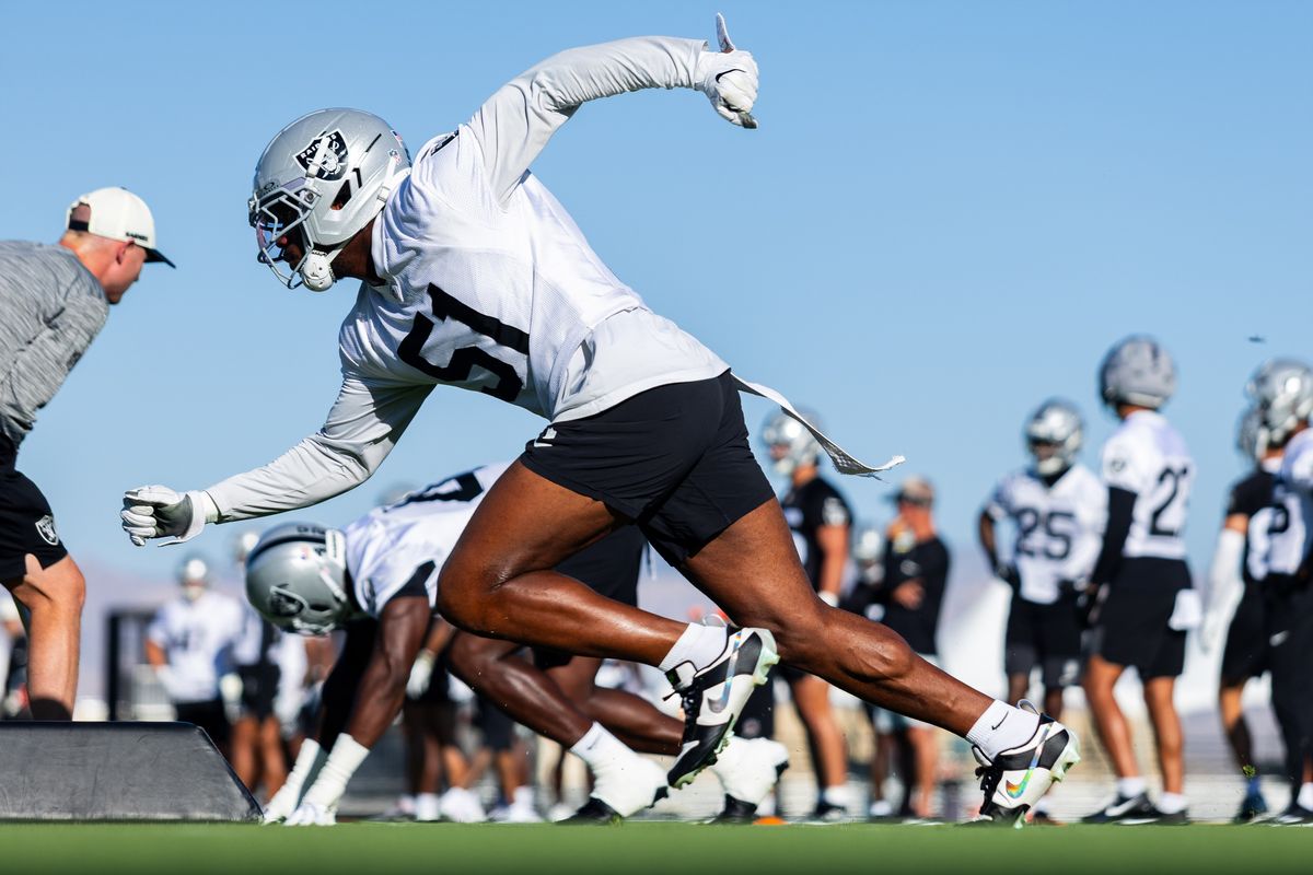 Las Vegas Raiders defensive end Malcom Koonce (51) participates in a special teams drill during Raiders Training Camp at Intermountain Health Performance Center, Thursday July 30, 2026 in Henderson, Nev. Las Vegas Raiders defensive end Malcom Koonce (51) participates in a special teams drill during Raiders Training Camp at Intermountain Health Performance Center, Thursday July 30, 2026 in Henderson, Nev.