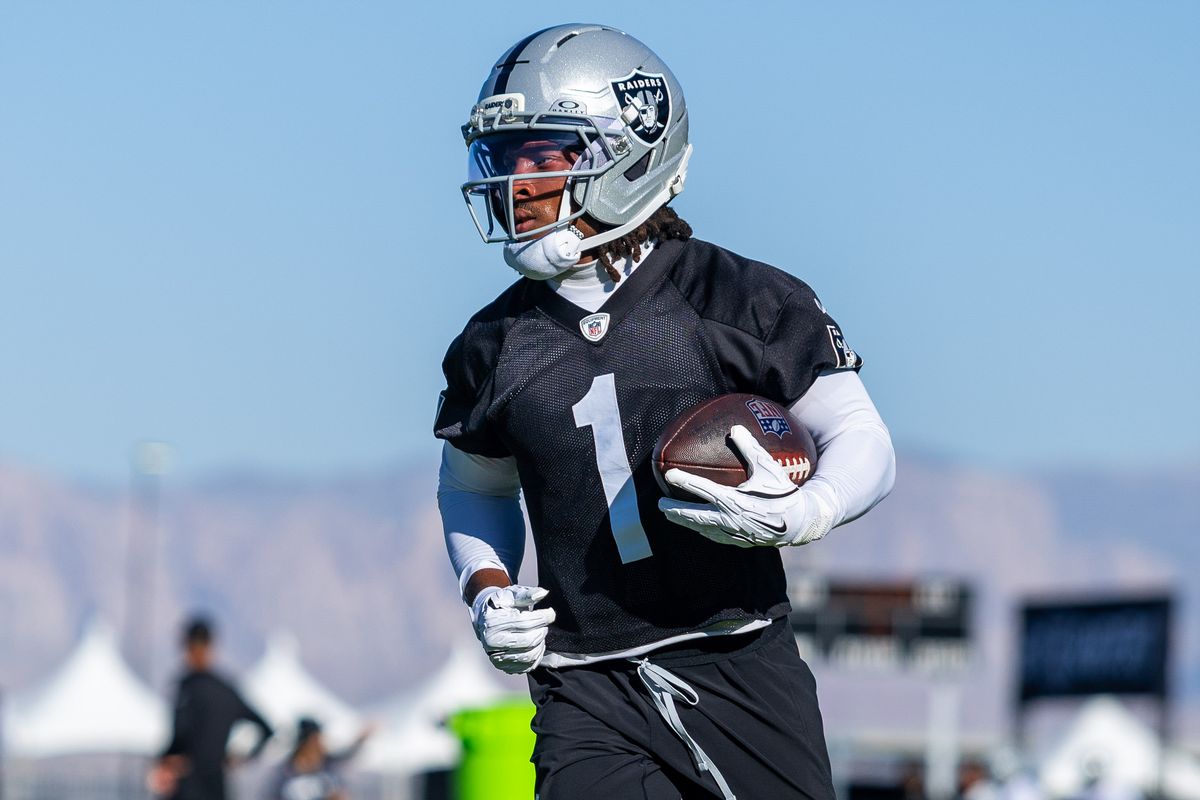 Las Vegas Raiders wide receiver Tre Tucker (1) runs with the ball during Raiders Training Camp at Intermountain Health Performance Center, Thursday July 30, 2026 in Henderson, Nev. Las Vegas Raiders wide receiver Tre Tucker (1) runs with the ball during Raiders Training Camp at Intermountain Health Performance Center, Thursday July 30, 2026 in Henderson, Nev.