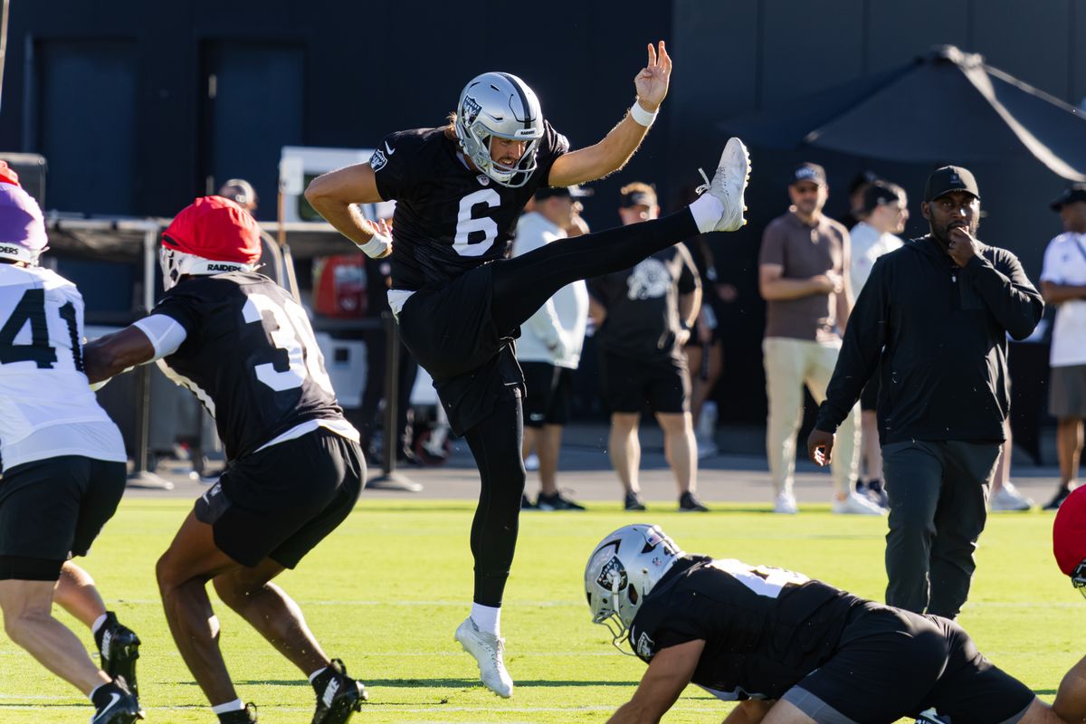 Las Vegas Raiders punter AJ Cole (6) practices with the special teams unit on Day 4 of Raiders Training Camp at Intermountain Health Performance Center on Sunday, August 2, 2026, in Henderson, Nevada. Las Vegas Raiders punter AJ Cole (6) practices with the special teams unit on Day 4 of Raiders Training Camp at Intermountain Health Performance Center on Sunday, August 2, 2026, in Henderson, Nevada.