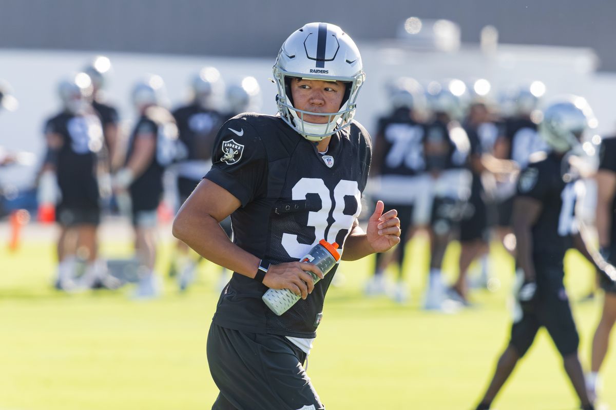 Las Vegas Raiders kicker Kansei Matsuzawa (38) seen during Day 4 of Raiders Training Camp at Intermountain Health Performance Center on Sunday, August 2, 2026, in Henderson, Nevada. Las Vegas Raiders kicker Kansei Matsuzawa (38) seen during Day 4 of Raiders Training Camp at Intermountain Health Performance Center on Sunday, August 2, 2026, in Henderson, Nevada.