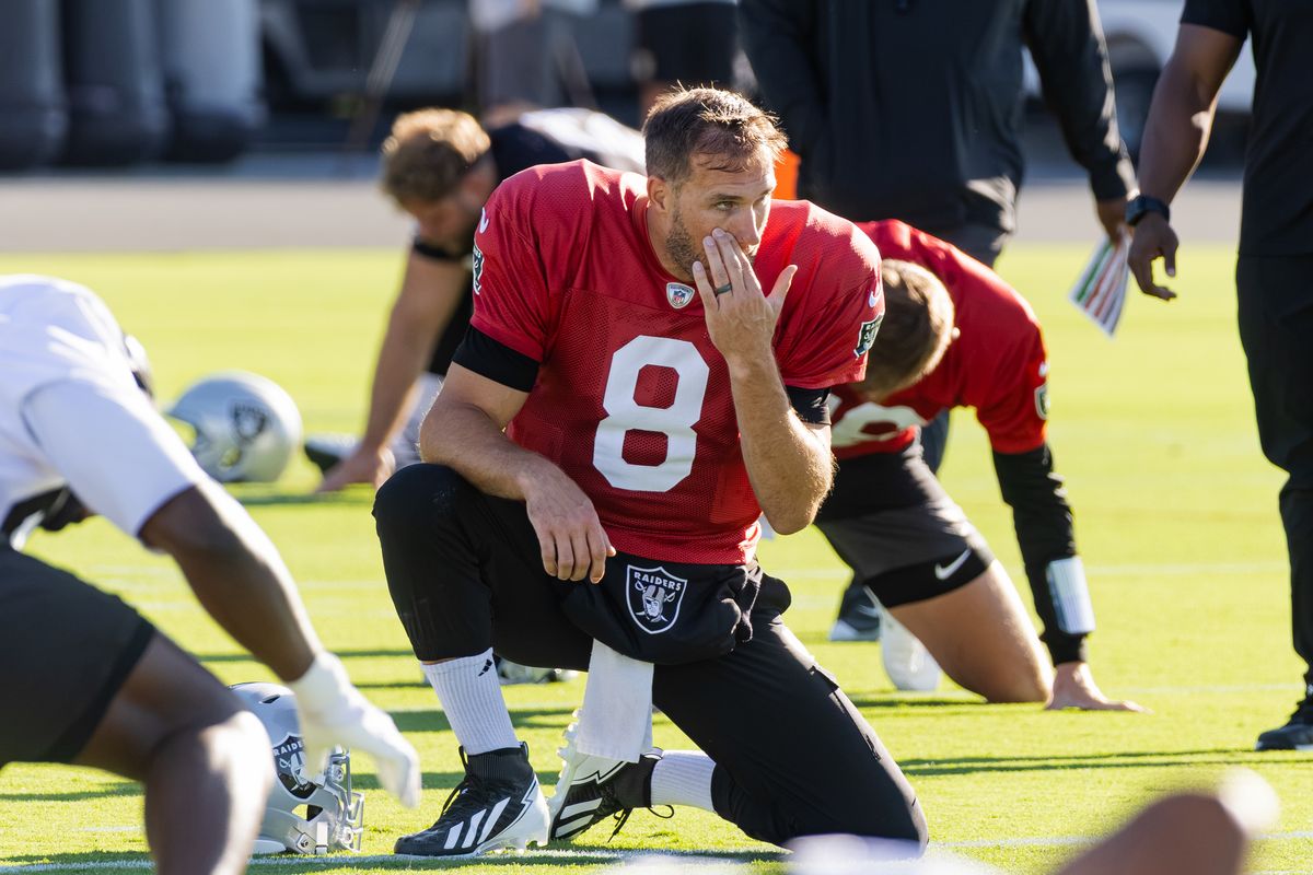 Las Vegas Raiders quarterback Kirk Cousins (8) seen during warmups prior to Day 4 of Raiders Training Camp at Intermountain Health Performance Center on Sunday, August 2, 2026, in Henderson, Nevada. Las Vegas Raiders quarterback Kirk Cousins (8) seen during warmups prior to Day 4 of Raiders Training Camp at Intermountain Health Performance Center on Sunday, August 2, 2026, in Henderson, Nevada.