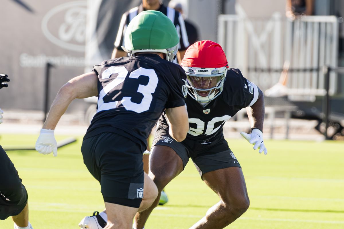 Las Vegas Raiders running backs Dylan Laube (23) and Mike Washington Jr. (30) participate in drills on Day 4 of Raiders Training Camp at Intermountain Health Performance Center on Sunday, August 2, 2026, in Henderson, Nevada. Las Vegas Raiders running backs Dylan Laube (23) and Mike Washington Jr. (30) participate in drills on Day 4 of Raiders Training Camp at Intermountain Health Performance Center on Sunday, August 2, 2026, in Henderson, Nevada.