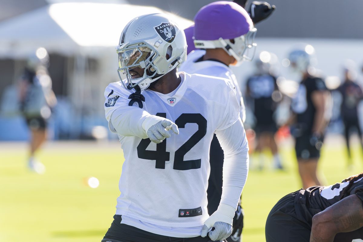 Las Vegas Raiders defensive end Keyron Crawford (42) participates in drills on Day 4 of Raiders Training Camp at Intermountain Health Performance Center on Sunday, August 2, 2026, in Henderson, Nevada. Las Vegas Raiders defensive end Keyron Crawford (42) participates in drills on Day 4 of Raiders Training Camp at Intermountain Health Performance Center on Sunday, August 2, 2026, in Henderson, Nevada.