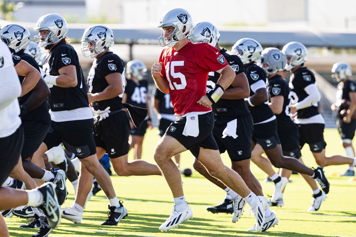 Las Vegas Raiders QB Fernando Mendoza (15) warms up prior to Raiders Training Camp on Thursday, August 6, 2026, in Henderson, Nevada. Las Vegas Raiders QB Fernando Mendoza (15) warms up prior to Raiders Training Camp on Thursday, August 6, 2026, in Henderson, Nevada.