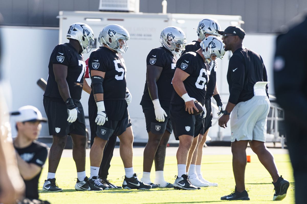 Members of the Las Vegas Raiders offensive line participate in drills at Raiders Training Camp on Thursday, August 6, 2026, in Henderson, Nevada. Members of the Las Vegas Raiders offensive line participate in drills at Raiders Training Camp on Thursday, August 6, 2026, in Henderson, Nevada.