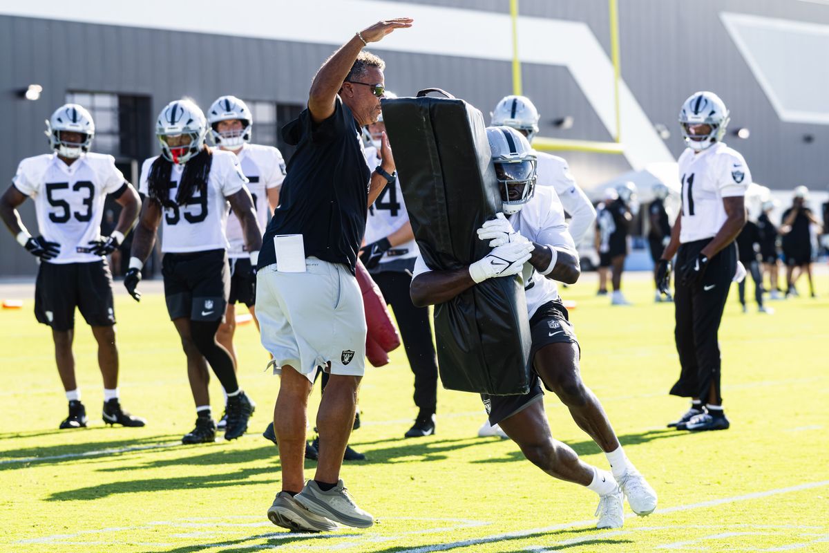 Las Vegas Raiders LB Segun Olubi (50) participates in drills at Raiders Training Camp on Thursday, August 6, 2026, in Henderson, Nevada. Las Vegas Raiders LB Segun Olubi (50) participates in drills at Raiders Training Camp on Thursday, August 6, 2026, in Henderson, Nevada.