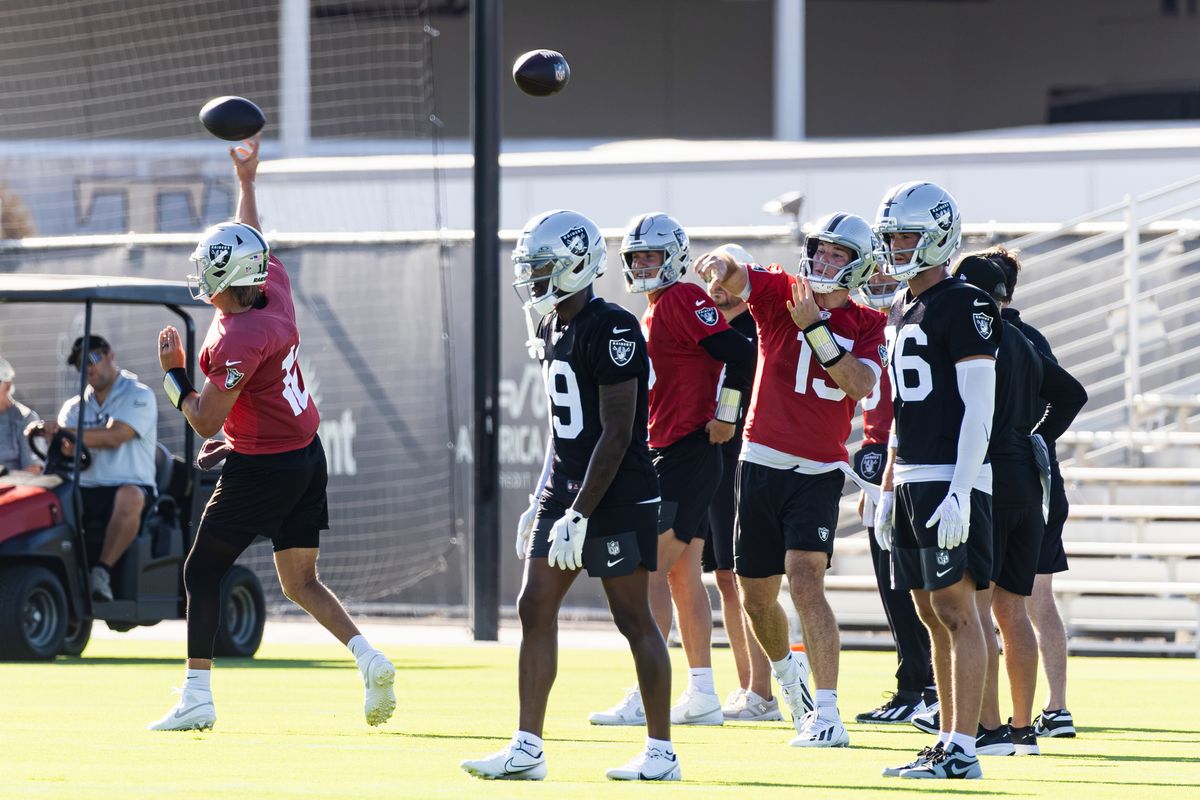 Las Vegas Raiders QB Fernando Mendoza (15) participates in drills at Raiders Training Camp on Thursday, August 6, 2026, in Henderson, Nevada. Las Vegas Raiders QB Fernando Mendoza (15) participates in drills at Raiders Training Camp on Thursday, August 6, 2026, in Henderson, Nevada.