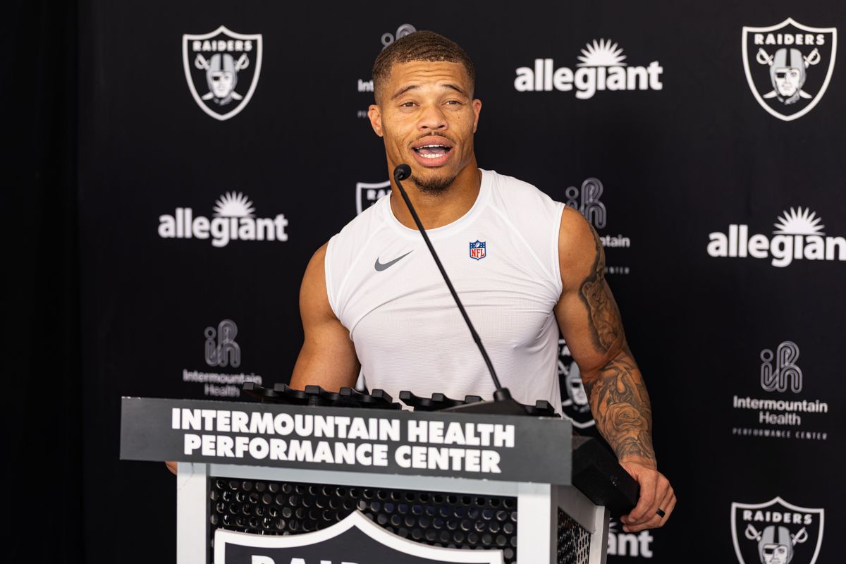 Las Vegas Raiders CB Taron Johnson (3) speaks to the media following Raiders Training Camp on Thursday, August 6, 2026, in Henderson, Nevada. Las Vegas Raiders CB Taron Johnson (3) speaks to the media following Raiders Training Camp on Thursday, August 6, 2026, in Henderson, Nevada.