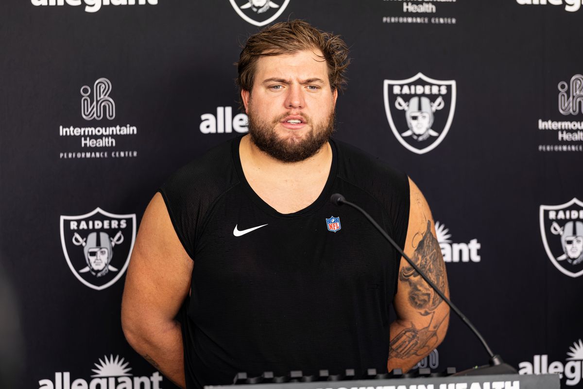 Las Vegas Raiders center Jackson Powers-Johnson (58) speaks to the media following Raiders Training Camp on Thursday, August 6, 2026, in Henderson, Nevada. Las Vegas Raiders center Jackson Powers-Johnson (58) speaks to the media following Raiders Training Camp on Thursday, August 6, 2026, in Henderson, Nevada.