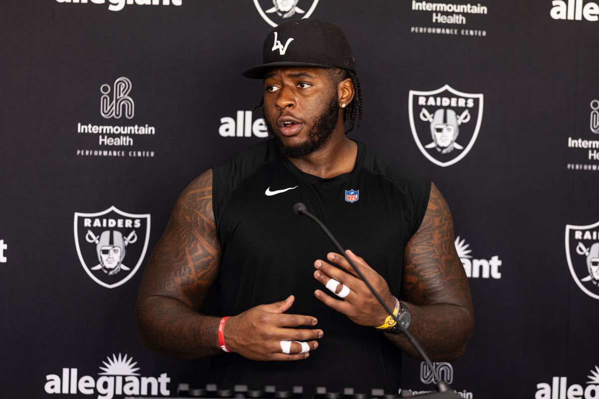 Las Vegas Raiders guard Spencer Burford (70) speaks to the media following Raiders Training Camp on Thursday, August 6, 2026, in Henderson, Nevada. Las Vegas Raiders guard Spencer Burford (70) speaks to the media following Raiders Training Camp on Thursday, August 6, 2026, in Henderson, Nevada.