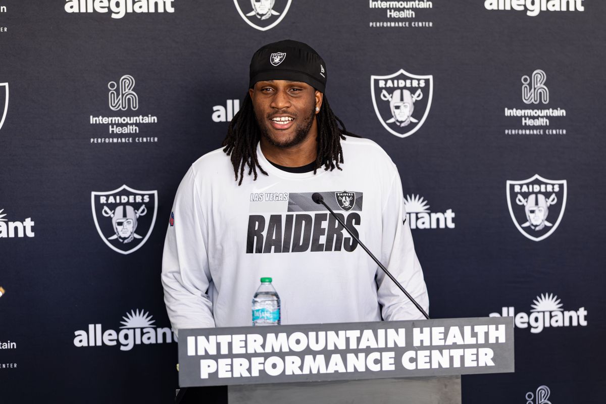 Las Vegas Raiders DT Tonka Hemingway (97) speaks to the media following Raiders Training Camp on Thursday, August 6, 2026, in Henderson, Nevada. Las Vegas Raiders DT Tonka Hemingway (97) speaks to the media following Raiders Training Camp on Thursday, August 6, 2026, in Henderson, Nevada.