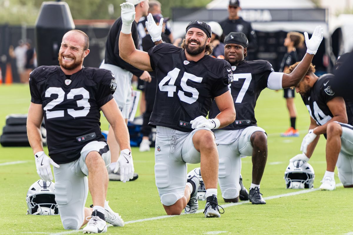 Las Vegas Raiders TE Patrick Gurd (45) smiles during warmups prior to Day 8 of Raiders Training Camp on Friday, August 7, 2026, in Henderson, Nevada. Las Vegas Raiders TE Patrick Gurd (45) smiles during warmups prior to Day 8 of Raiders Training Camp on Friday, August 7, 2026, in Henderson, Nevada.