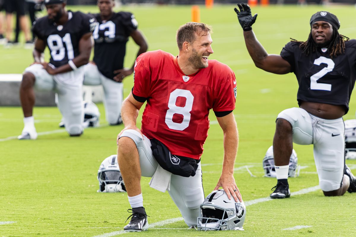 Las Vegas Raiders QB Kirk Cousins (8) stretches prior to Day 8 of Raiders Training Camp on Friday, August 7, 2026, in Henderson, Nevada. Las Vegas Raiders QB Kirk Cousins (8) stretches prior to Day 8 of Raiders Training Camp on Friday, August 7, 2026, in Henderson, Nevada.