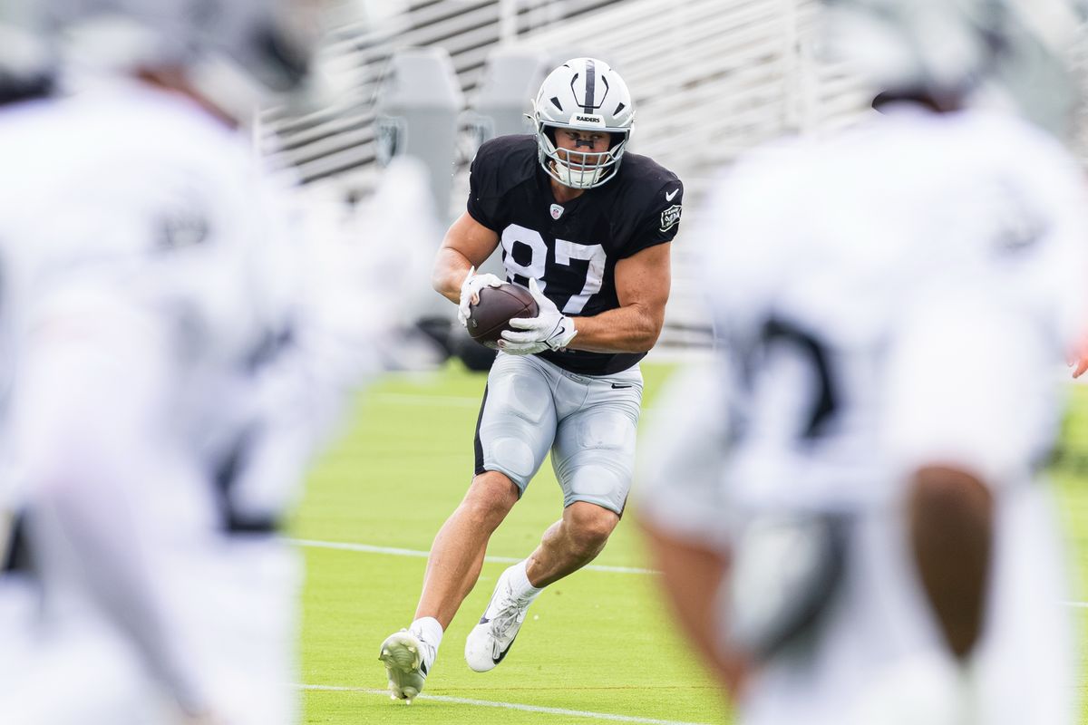 Las Vegas Raiders TE Michael Mayer (87) participates in drills on Day 8 of Raiders Training Camp on Friday, August 7, 2026, in Henderson, Nevada. Las Vegas Raiders TE Michael Mayer (87) participates in drills on Day 8 of Raiders Training Camp on Friday, August 7, 2026, in Henderson, Nevada.