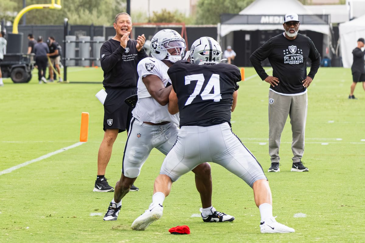 Las Vegas Raiders DE Malcolm Koonce (51) and T Kolton Miller (74) participate in drills on Day 8 of Raiders Training Camp on Friday, August 7, 2026, in Henderson, Nevada. Las Vegas Raiders DE Malcolm Koonce (51) and T Kolton Miller (74) participate in drills on Day 8 of Raiders Training Camp on Friday, August 7, 2026, in Henderson, Nevada.