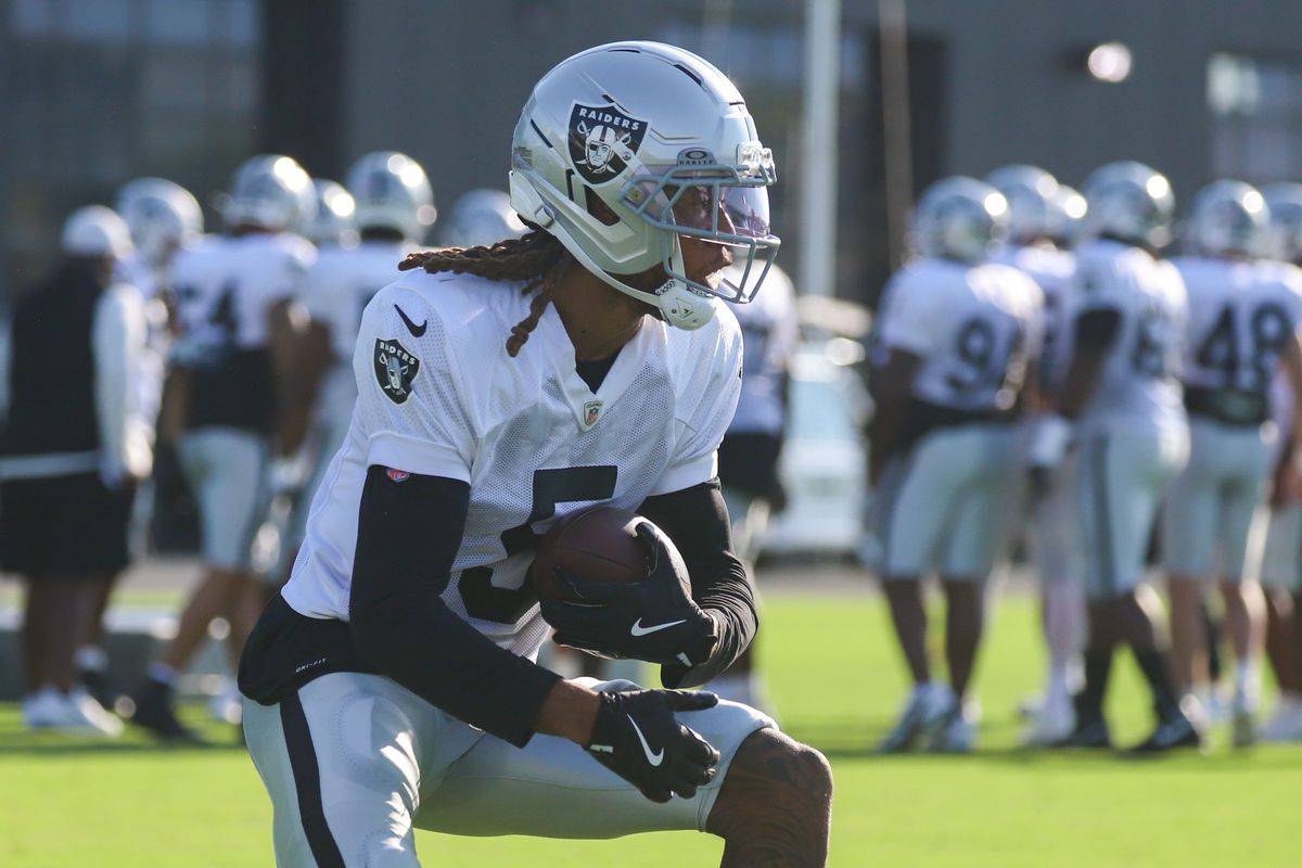 Las Vegas Raiders corner back Eric Stokes (5) runs with the ball during Raiders Training Camp at Intermountain Health Performance Center, Saturday Aug. 8, 2026 in Henderson, Nev. Las Vegas Raiders corner back Eric Stokes (5) runs with the ball during Raiders Training Camp at Intermountain Health Performance Center, Saturday Aug. 8, 2026 in Henderson, Nev.