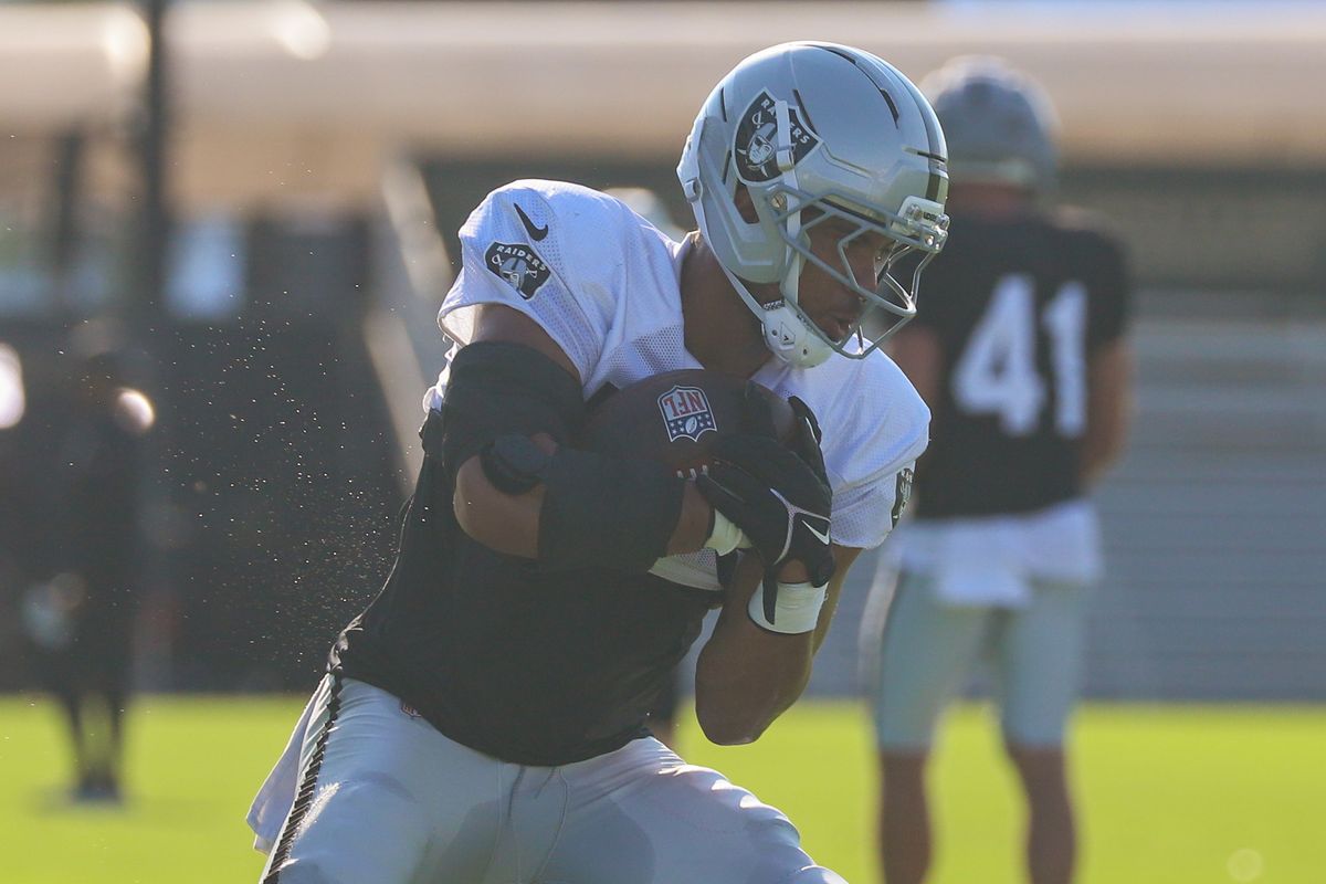 Las Vegas Raiders linebacker runs with the ball during Raiders Training Camp at Intermountain Health Performance Center, Saturday Aug. 8, 2026 in Henderson, Nev. Las Vegas Raiders linebacker runs with the ball during Raiders Training Camp at Intermountain Health Performance Center, Saturday Aug. 8, 2026 in Henderson, Nev.