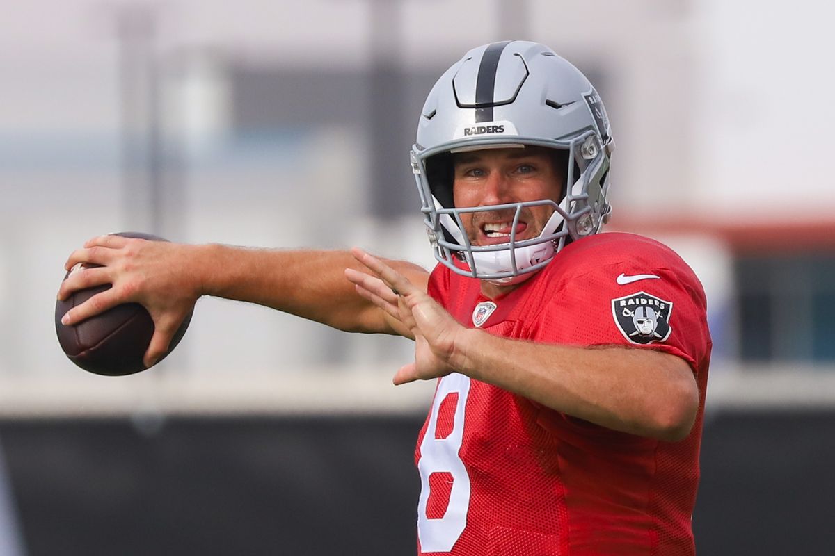 Las Vegas Raiders quarterback Kirk Cousins (8) passes the ball during Raiders Training Camp at Intermountain Health Performance Center, Monday Aug. 10, 2026 in Henderson, Nev. Las Vegas Raiders quarterback Kirk Cousins (8) passes the ball during Raiders Training Camp at Intermountain Health Performance Center, Monday Aug. 10, 2026 in Henderson, Nev.