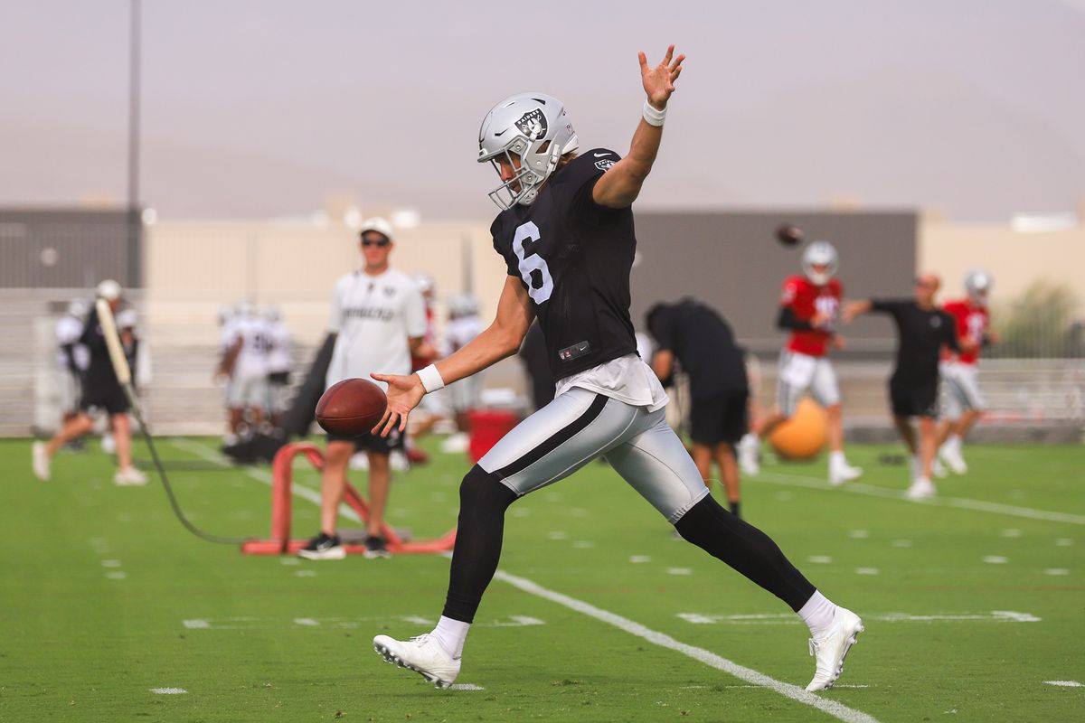 Las Vegas Raiders punter AJ Cole (6) prepares to kick the ball during Raiders Training Camp at Intermountain Health Performance Center, Monday Aug. 10, 2026 in Henderson, Nev. Las Vegas Raiders punter AJ Cole (6) prepares to kick the ball during Raiders Training Camp at Intermountain Health Performance Center, Monday Aug. 10, 2026 in Henderson, Nev.