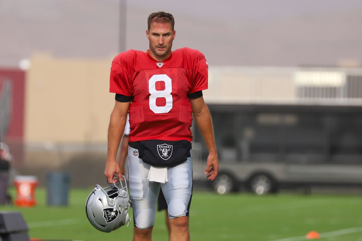 Las Vegas Raiders quarterback Kirk Cousins (8) scans the field during Raiders Training Camp at Intermountain Health Performance Center, Monday Aug. 10, 2026 in Henderson, Nev. Las Vegas Raiders quarterback Kirk Cousins (8) scans the field during Raiders Training Camp at Intermountain Health Performance Center, Monday Aug. 10, 2026 in Henderson, Nev.
