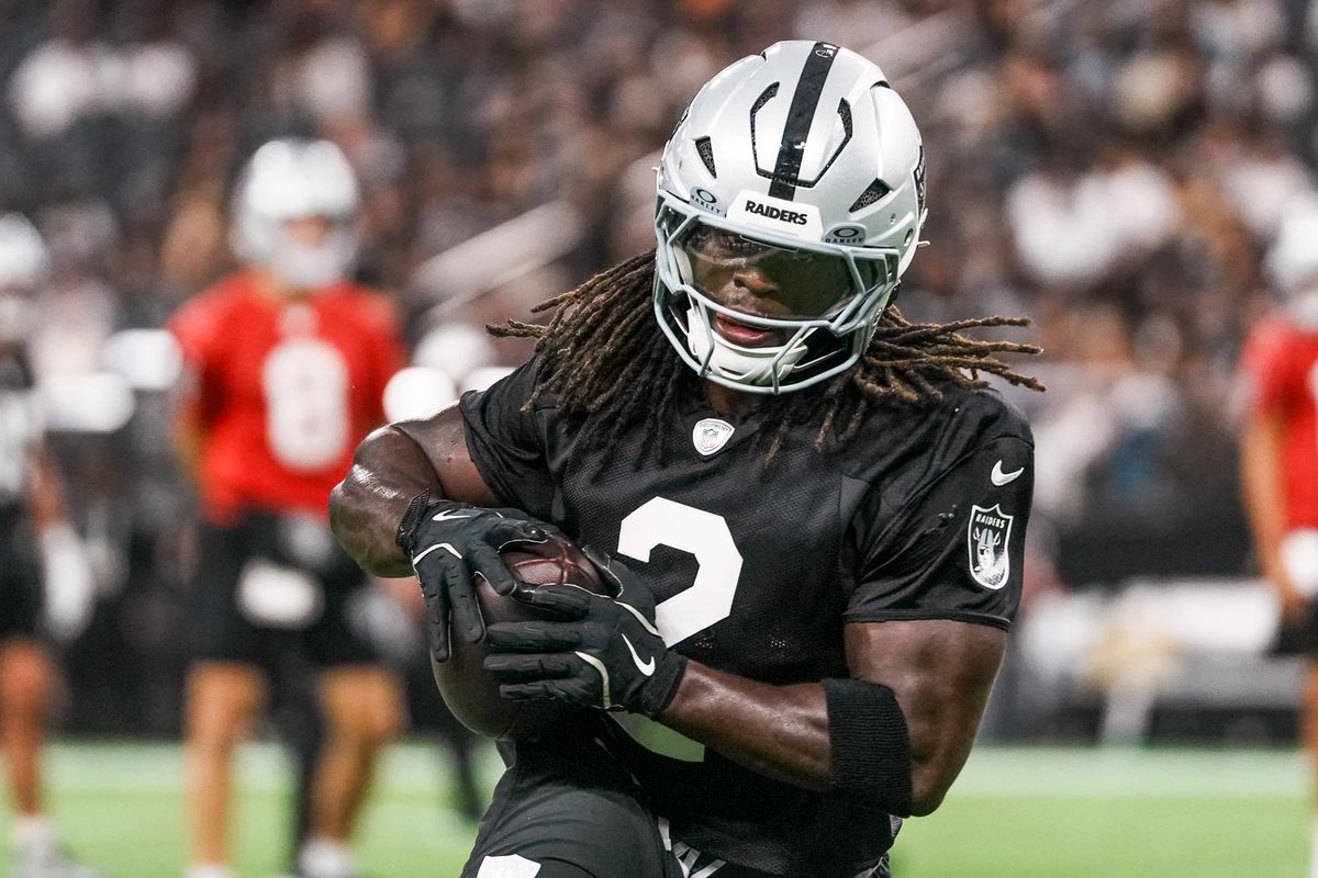 Las Vegas Raiders running back Ashton Jeanty (2) carries the ball down the field during Raiders practice at Allegiant Stadium, Tuesday Aug. 11, 2026 in Las Vegas, Nev. Las Vegas Raiders running back Ashton Jeanty (2) carries the ball down the field during Raiders practice at Allegiant Stadium, Tuesday Aug. 11, 2026 in Las Vegas, Nev.