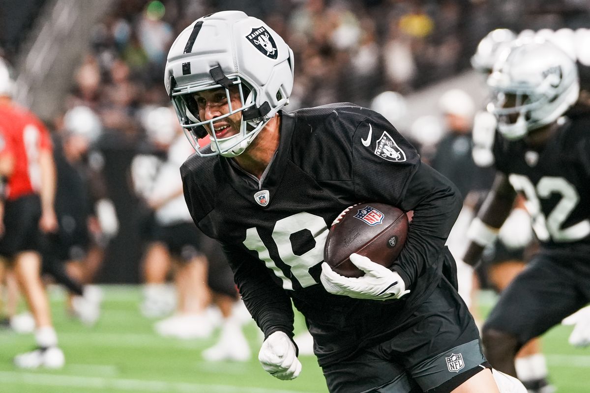 Las Vegas Raiders wide receiverJack Bech (18) runs with the ball during Raiders practice at Allegiant Stadium, Tuesday Aug. 11, 2026 in Las Vegas, Nev. Las Vegas Raiders wide receiverJack Bech (18) runs with the ball during Raiders practice at Allegiant Stadium, Tuesday Aug. 11, 2026 in Las Vegas, Nev.