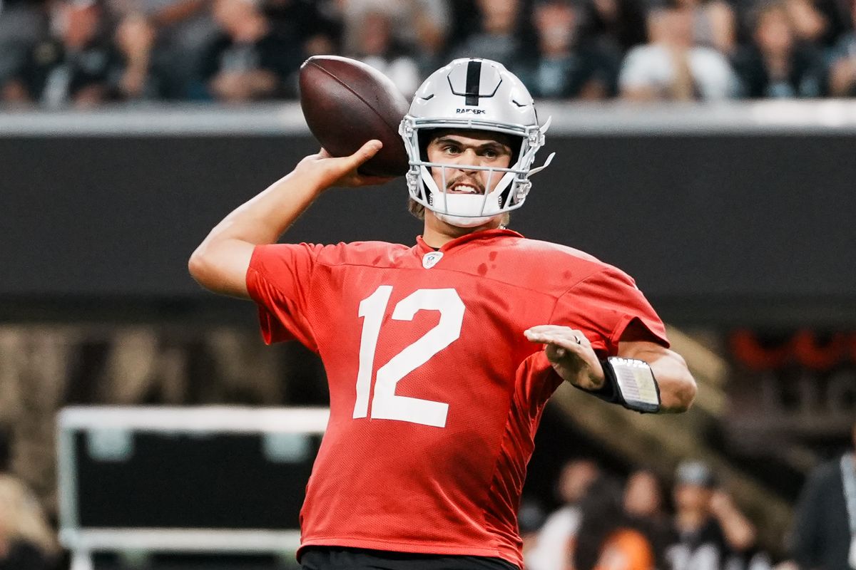 Las Vegas Raiders quarterbacks Aidan O’Connell (12) passes the ball during Raiders practice at Allegiant Stadium, Tuesday Aug. 11, 2026 in Las Vegas, Nev. Las Vegas Raiders quarterbacks Aidan O’Connell (12) passes the ball during Raiders practice at Allegiant Stadium, Tuesday Aug. 11, 2026 in Las Vegas, Nev.