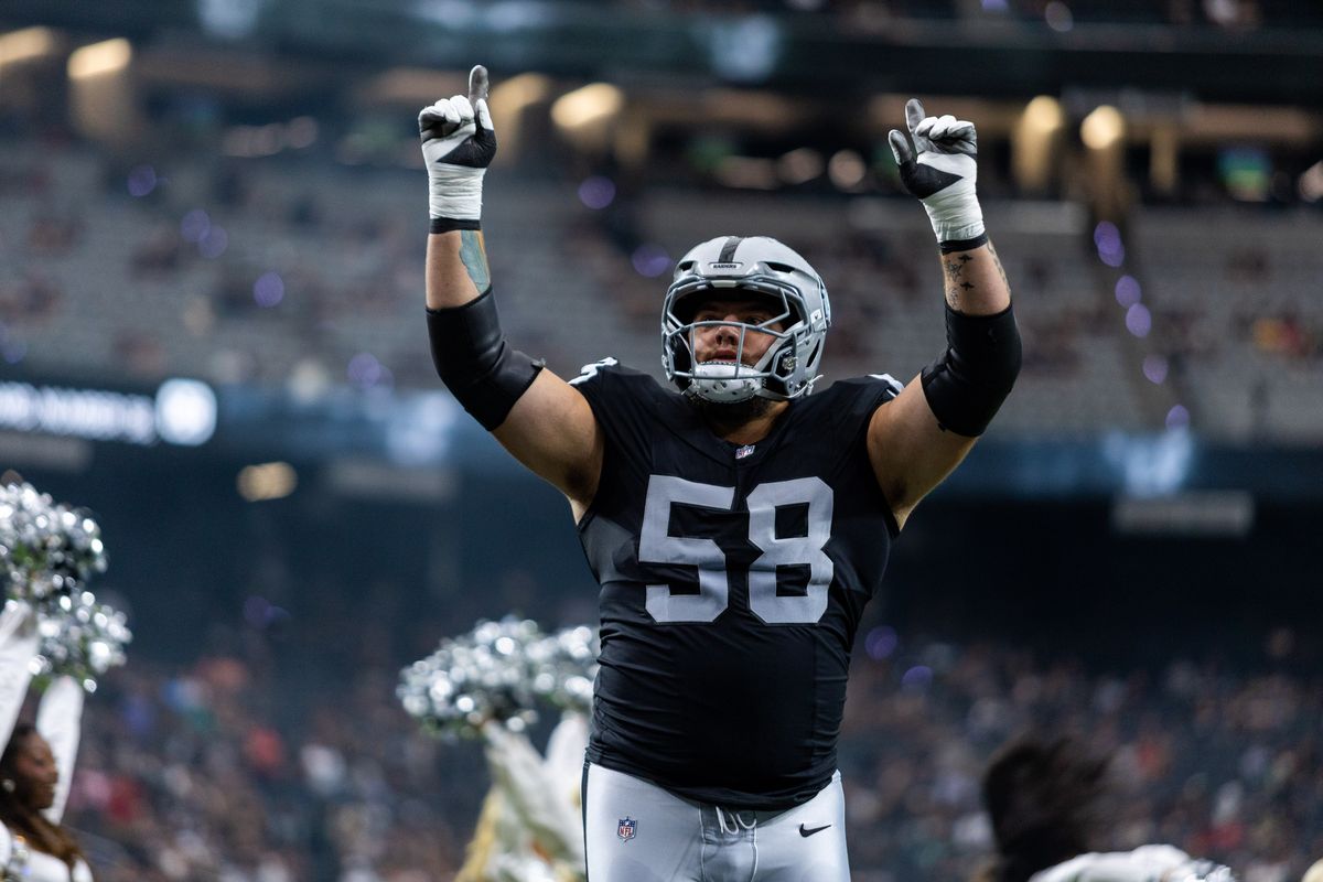 Las Vegas Raiders guard Jackson Powers-Johnson (58) points up to the sky as he is introduced before a NFL preseason game between the Las Vegas Raiders and the Arizona Cardinals at Allegiant Stadium, Thursday August 13, 2026 in Las Vegas, Nev. Las Vegas Raiders guard Jackson Powers-Johnson (58) points up to the sky as he is introduced before a NFL preseason game between the Las Vegas Raiders and the Arizona Cardinals at Allegiant Stadium, Thursday August 13, 2026 in Las Vegas, Nev.