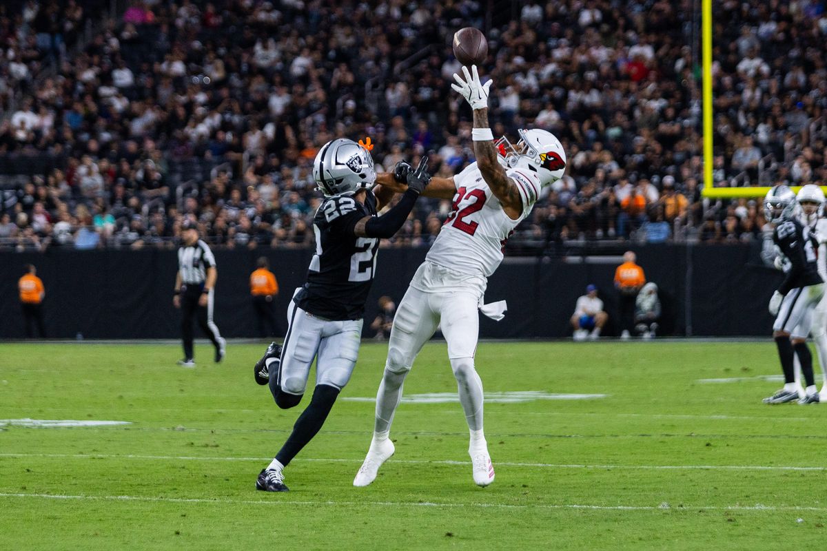 Arizona Cardinals wide receiver Reggie Virgil (82) makes a one-handed catch during a NFL Preseason game between the Las Vegas Raiders and the Arizona Cardinals at Allegiant Stadium, Thursday August 13, 2026 in Las Vegas, Nev. Arizona Cardinals wide receiver Reggie Virgil (82) makes a one-handed catch during a NFL Preseason game between the Las Vegas Raiders and the Arizona Cardinals at Allegiant Stadium, Thursday August 13, 2026 in Las Vegas, Nev.