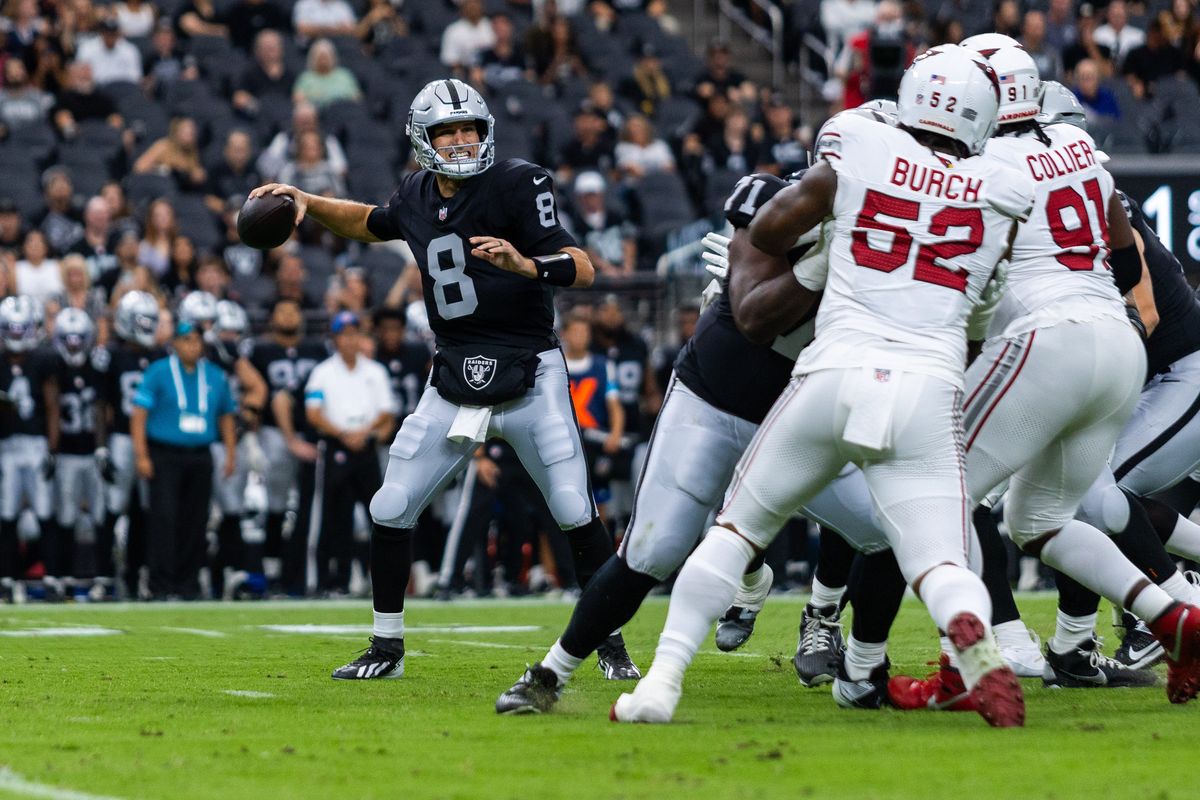 Las Vegas Raiders quarterback Kirk Cousins (8) throws the ball during a NFL preseason game between the Las Vegas Raiders and the Arizona Cardinals at Allegiant Stadium, Thursday August 13, 2026 in Las Vegas, Nev. Las Vegas Raiders quarterback Kirk Cousins (8) throws the ball during a NFL preseason game between the Las Vegas Raiders and the Arizona Cardinals at Allegiant Stadium, Thursday August 13, 2026 in Las Vegas, Nev.