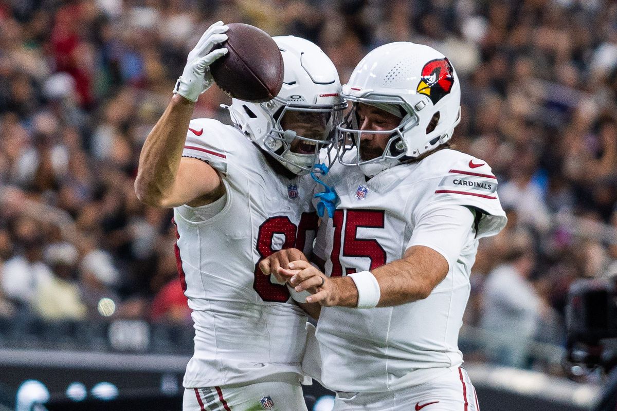 Arizona Cardinals wide receiver Simi Fehoko (80) celebrates with quarterback Gardner Minshew (15) after scoring a touchdown during a NFL Preseason game between the Las Vegas Raiders and the Arizona Cardinals at Allegiant Stadium, Thursday August 13, 2026 in Las Vegas, Nev. Arizona Cardinals wide receiver Simi Fehoko (80) celebrates with quarterback Gardner Minshew (15) after scoring a touchdown during a NFL Preseason game between the Las Vegas Raiders and the Arizona Cardinals at Allegiant Stadium, Thursday August 13, 2026 in Las Vegas, Nev.