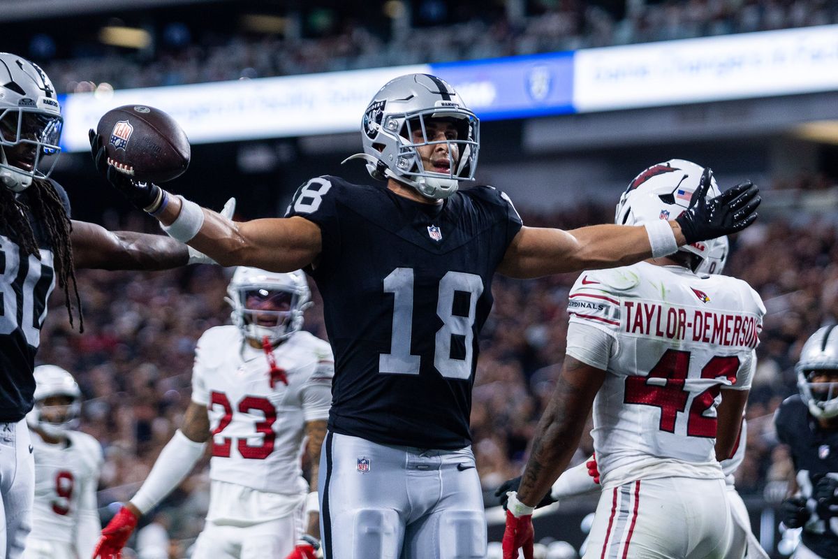 Las Vegas Raiders wide receiver Jack Bech (18) celebrates after scoring a touchdown during a NFL preseason game between the Las Vegas Raiders and the Arizona Cardinals at Allegiant Stadium, Thursday August 13, 2026 in Las Vegas, Nev. Las Vegas Raiders wide receiver Jack Bech (18) celebrates after scoring a touchdown during a NFL preseason game between the Las Vegas Raiders and the Arizona Cardinals at Allegiant Stadium, Thursday August 13, 2026 in Las Vegas, Nev.