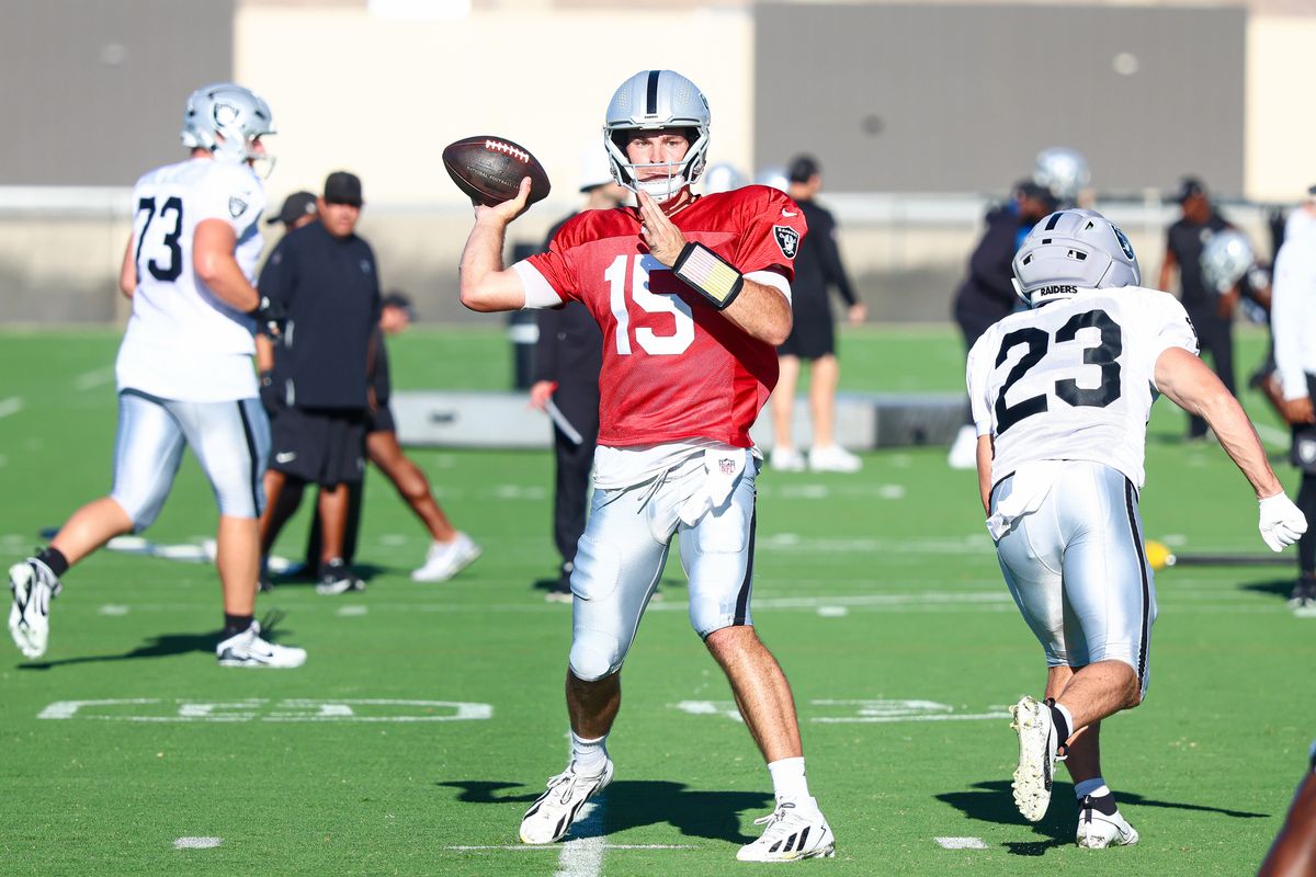 Las Vegas Raiders QB Fernando Mendoza (15) participates in drills on Day 13 of Raiders Training Camp at Intermountain Health Performance Center on Sunday, August 16, 2026, in Henderson, Nevada. Las Vegas Raiders QB Fernando Mendoza (15) participates in drills on Day 13 of Raiders Training Camp at Intermountain Health Performance Center on Sunday, August 16, 2026, in Henderson, Nevada.
