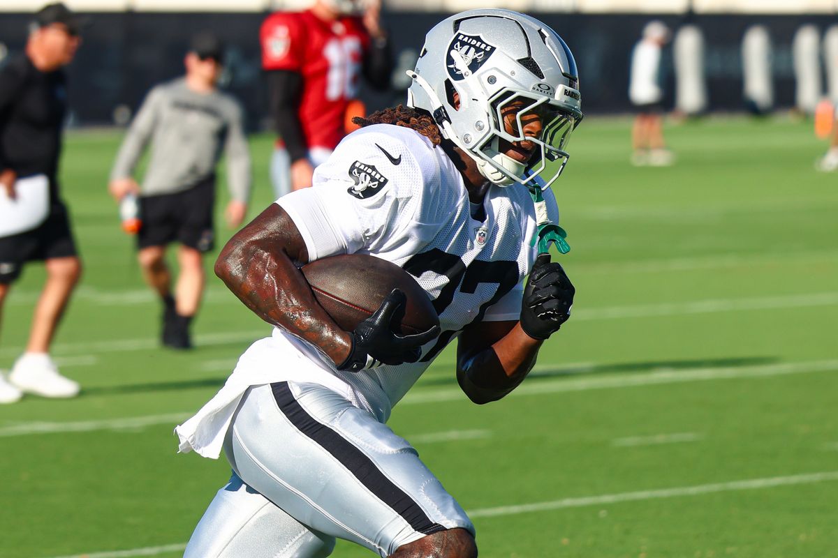 Las Vegas Raiders RB Roman Hemby (37) runs with the ball during Day 13 of Raiders Training Camp at Intermountain Health Performance Center on Sunday, August 16, 2026, in Henderson, Nevada. Las Vegas Raiders RB Roman Hemby (37) runs with the ball during Day 13 of Raiders Training Camp at Intermountain Health Performance Center on Sunday, August 16, 2026, in Henderson, Nevada.