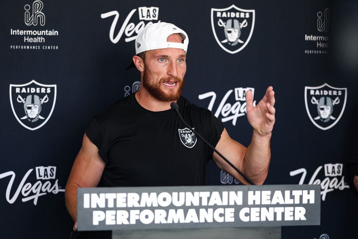 Las Vegas Raiders RB Dylan Laube (23) speaks to the media on Day 13 of Raiders Training Camp at Intermountain Health Performance Center on Sunday, August 16, 2026, in Henderson, Nevada. Las Vegas Raiders RB Dylan Laube (23) speaks to the media on Day 13 of Raiders Training Camp at Intermountain Health Performance Center on Sunday, August 16, 2026, in Henderson, Nevada.