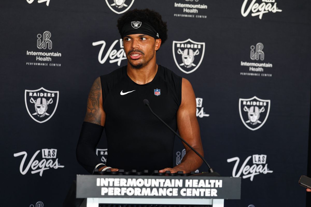 Las Vegas Raiders CB Darien Porter (26) speaks to the media on Day 13 of Raiders Training Camp at Intermountain Health Performance Center on Sunday, August 16, 2026, in Henderson, Nevada. Las Vegas Raiders CB Darien Porter (26) speaks to the media on Day 13 of Raiders Training Camp at Intermountain Health Performance Center on Sunday, August 16, 2026, in Henderson, Nevada.