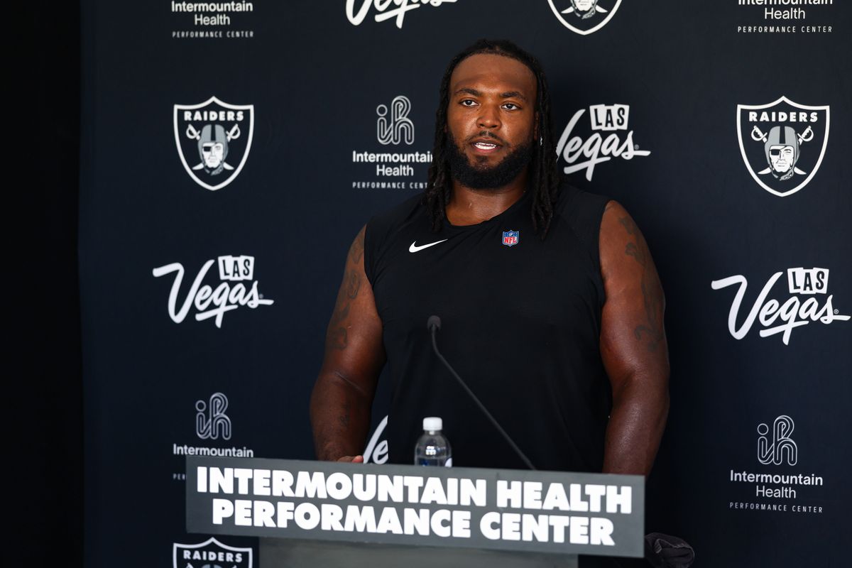 Las Vegas Raiders DT Adam Butler (69) speaks to the media on Day 13 of Raiders Training Camp at Intermountain Health Performance Center on Sunday, August 16, 2026, in Henderson, Nevada. Las Vegas Raiders DT Adam Butler (69) speaks to the media on Day 13 of Raiders Training Camp at Intermountain Health Performance Center on Sunday, August 16, 2026, in Henderson, Nevada.