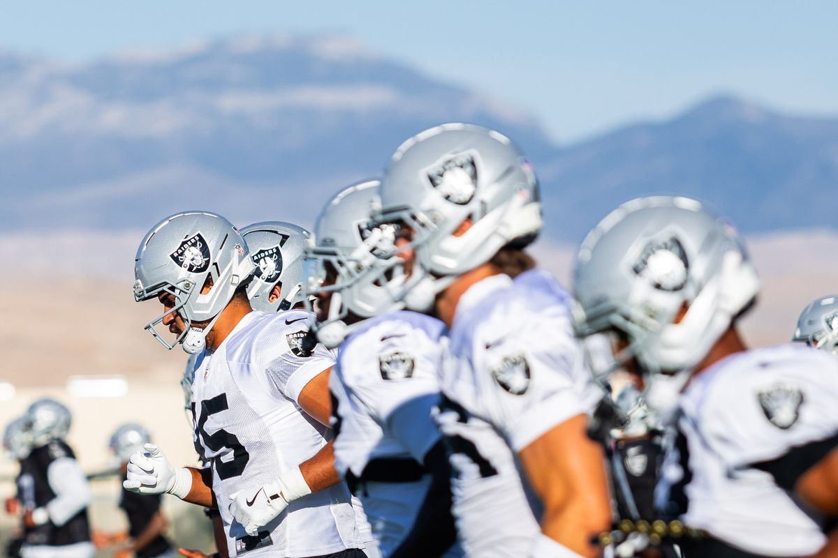 Las Vegas Raiders players line up to stretch before Raiders Training Camp at Intermountain Health Performance Center, Monday August 17, 2026 in Henderson, Nev.