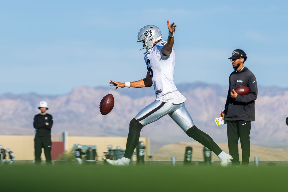 Las Vegas Raiders punter AJ Cole (6) punts the ball in a special teams drill during Raiders Training Camp at Intermountain Health Performance Center, Monday August 17, 2026 in Henderson, Nev.