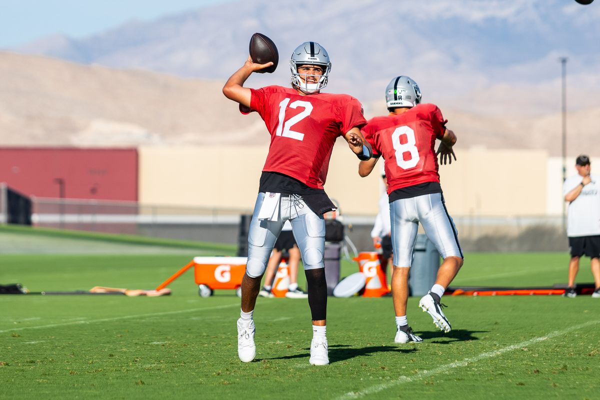 Las Vegas Raiders quarterback Aidan O’Connell (12) throws the ball in an offense drill during Raiders Training Camp at Intermountain Health Performance Center, Monday August 17, 2026 in Henderson, Nev.