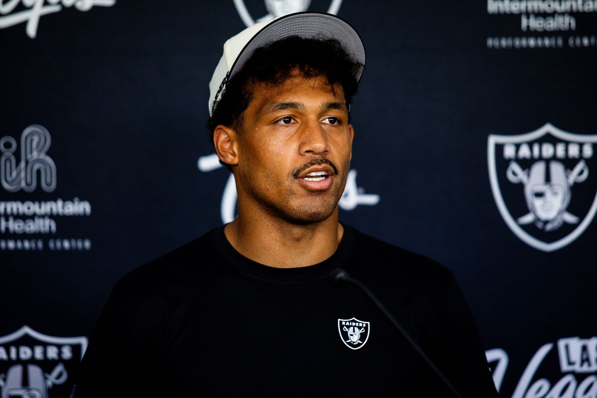 Las Vegas Raiders safety Isiah Pola-Moa (20) speaks to the media after Raiders Training Camp at Intermountain Health Performance Center, Monday August 17, 2026 in Henderson, Nev.