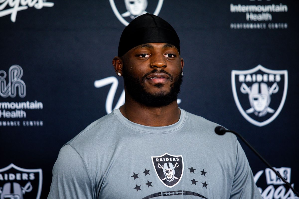 Las Vegas Raiders defensive-end Keyron Crawford (42) speaks to the media after Raiders Training Camp at Intermountain Health Performance Center, Monday August 17, 2026 in Henderson, Nev.